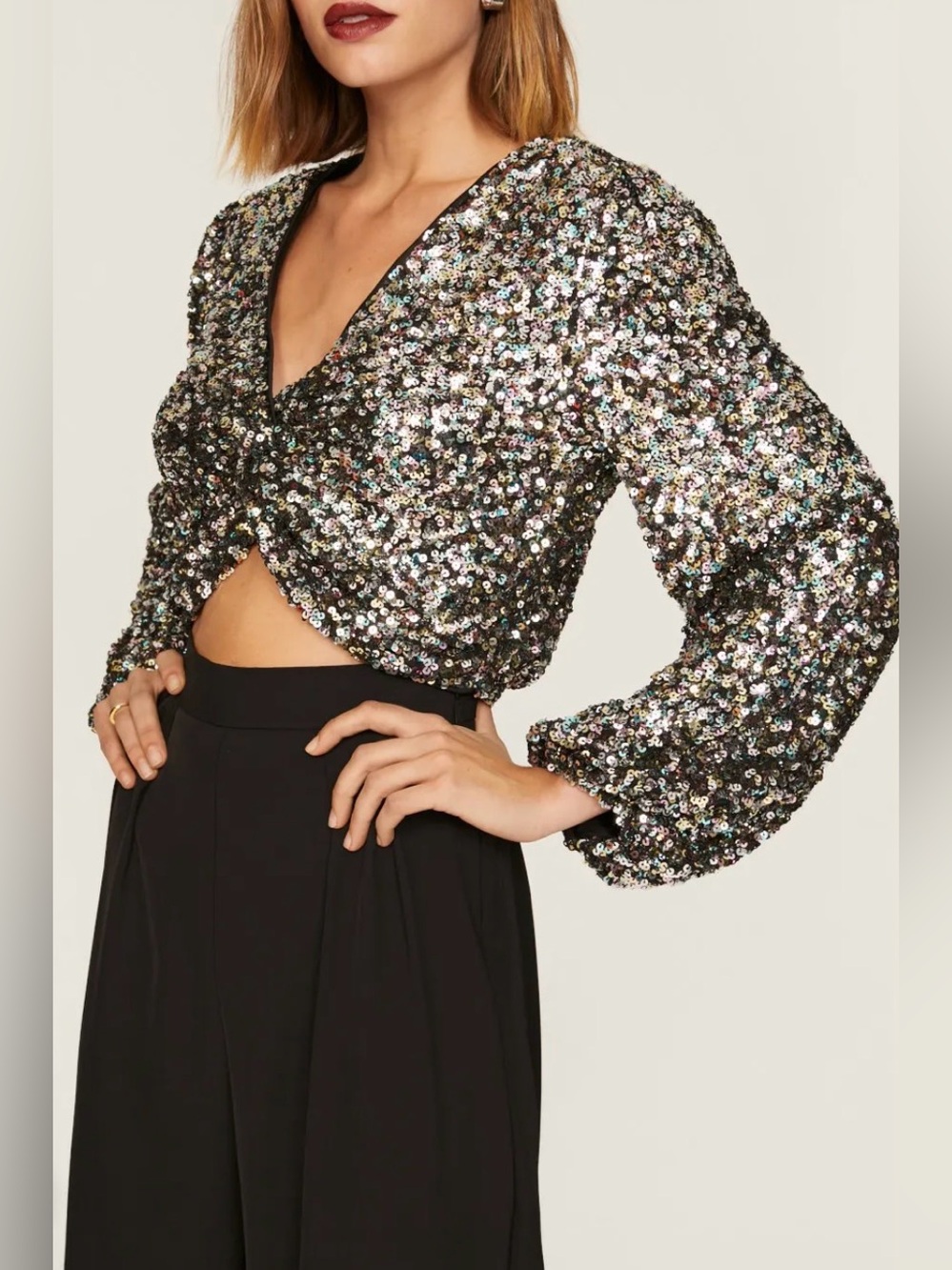 ASTR The Label - Nix Colorful Sequin Texture Twist Front Long Sleeve Blouse XS